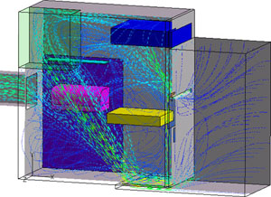 図１　パソコン内部熱流動解析結果例（流線の色：流速に対応）