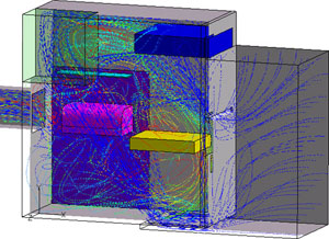 図２　パソコン内部熱流動解析結果例（流線の色：温度に対応）